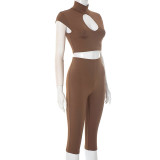 Women's Solid Color Round Neck Crop Top Pants Set