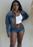 Contrast Color Long Sleeve Stretch Denim Jacket Shorts Set