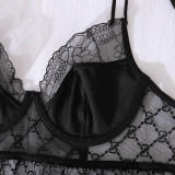 Black see-through lace gathered slim sexy lingerie set with feather gloves