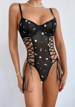 Sexy embroidery floral lace-up bodysuit