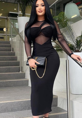 Women's black long sleeve autumn mesh sheer long bodycon dress