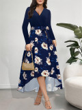 Belted round-neck irregular long-sleeved maxi dress