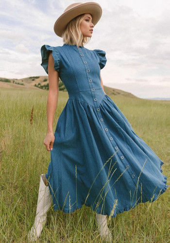 Pastoral blue denim sleeves women's dress