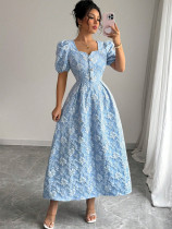 Daisy Embossed Short-Sleeved A-Line Dress