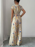 Women's autumn printed jumpsuit short sleeve wide leg trousers
