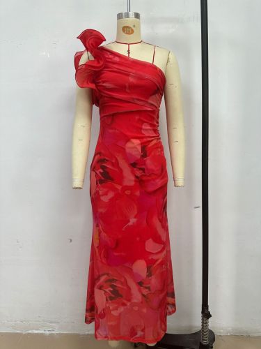 Slim-fit sleeveless one shoulder flower sexy dress
