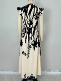 Women's printed stand-up collar button-down maxi dress