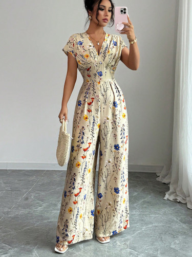 Women's autumn printed jumpsuit short sleeve wide leg trousers