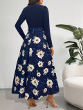 Belted round-neck irregular long-sleeved maxi dress