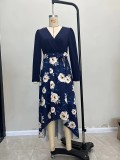 Belted round-neck irregular long-sleeved maxi dress