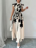 Women's printed stand-up collar button-down maxi dress
