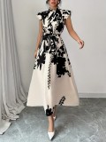 Women's printed stand-up collar button-down maxi dress
