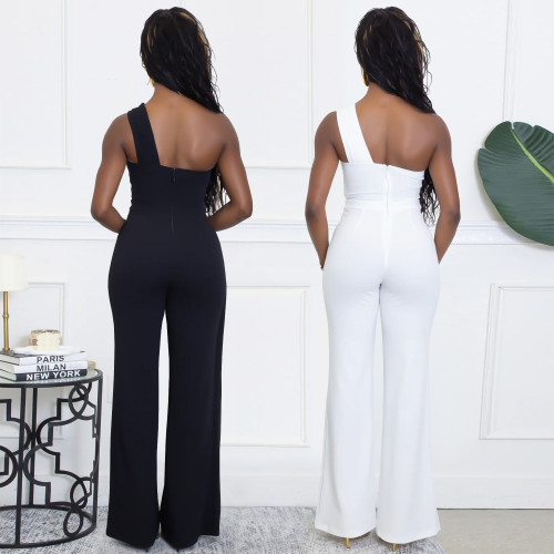 Women Solid Color Elegant One Shoulder Belted Jumpsuit