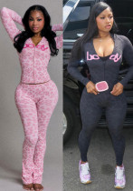Women Leopard Print Long-Sleeved Hooded Top and Pants Two-Piece Tracksuit