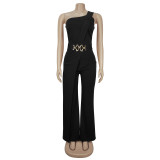 Women Solid Color Elegant One Shoulder Belted Jumpsuit