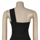 Women Solid Color Elegant One Shoulder Belted Jumpsuit