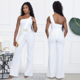 Women Solid Color Elegant One Shoulder Belted Jumpsuit