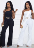Women Solid Color Elegant One Shoulder Belted Jumpsuit