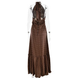 French halterneck polka dot satin dress sexy and elegant backless dress