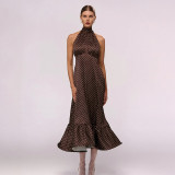 French halterneck polka dot satin dress sexy and elegant backless dress