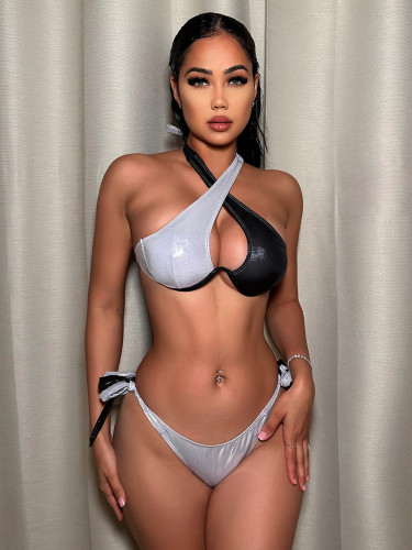 Sexy colorblock halter neck drawstring bikini swimsuit for women