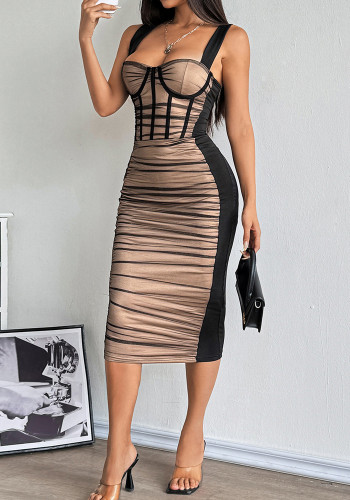 ​​feminine pleated slim mesh dress