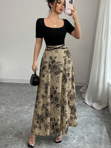 Summer print short sleeves maxi dress