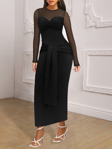 Elegant twisted tie mesh stitching round neck long-sleeved dress