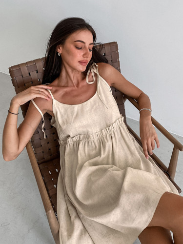 Solid color sexy strap dress loose linen A-line skirt