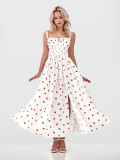 Floral suspender skirt summer low neck tie high waist slit high waist printed dress