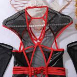See-through leather chemise sexy three-piece lingerie set with gloves