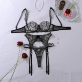See-through floral embroidered underwire push-up body-shaping sexy lingerie set
