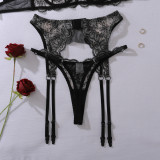 See-through floral embroidered underwire push-up body-shaping sexy lingerie set