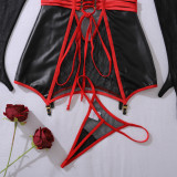 See-through leather chemise sexy three-piece lingerie set with gloves