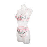 Mesh pink and green wave see-through wired bra set