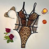 Sexy Leopard Print Wild Lingerie Bodysuit with Cat Ears