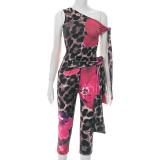 Women's Leopard Floral Print Off-Shoulder Tie-Drape Top with Tight Cropped Shorts Two-Piece Set