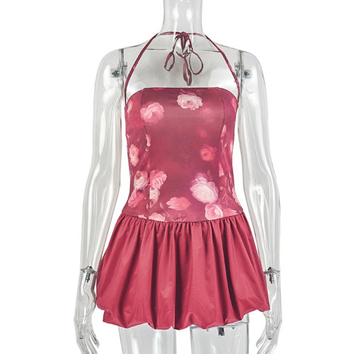 Women's Pleated A-Line Skirt Halter Neck Short Dress
