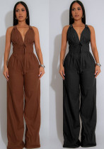 Women Deep-V Neck Sleeveless Solid Color Sexy Jumpsuit