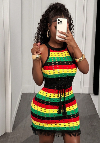 Women Wide Striped Contrast Color Tassel Knit Dress