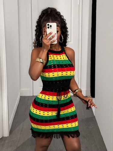 Women Wide Striped Contrast Color Tassel Knit Dress