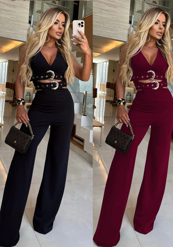 Women V-Neck Buckle Belt Crop Vest and Pants Two-Piece Set