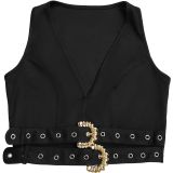 Women V-Neck Buckle Belt Crop Vest and Pants Two-Piece Set