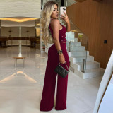 Women V-Neck Buckle Belt Crop Vest and Pants Two-Piece Set