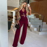 Women V-Neck Buckle Belt Crop Vest and Pants Two-Piece Set