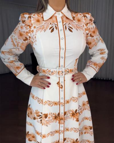 Fashion positioning floral print puff sleeve belted holiday maxi dress