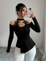 2025 autumn and winter hollow out applique pleated curved hem slim fit versatile top