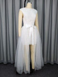 White dress with lace and mesh sleeveless low back evening dress
