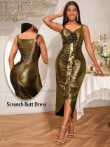Women Gold Party Dress Scrunch Butt Pleated Bodycon Dress