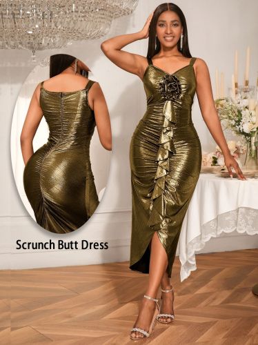 Women Gold Party Dress Scrunch Butt Pleated Bodycon Dress